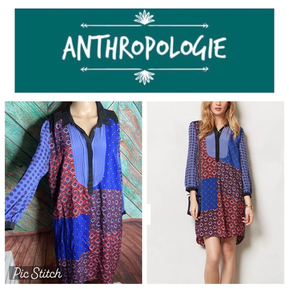 Anthropologie Patchwork Blue and Red Print Long-Sleeve Tunic Dress